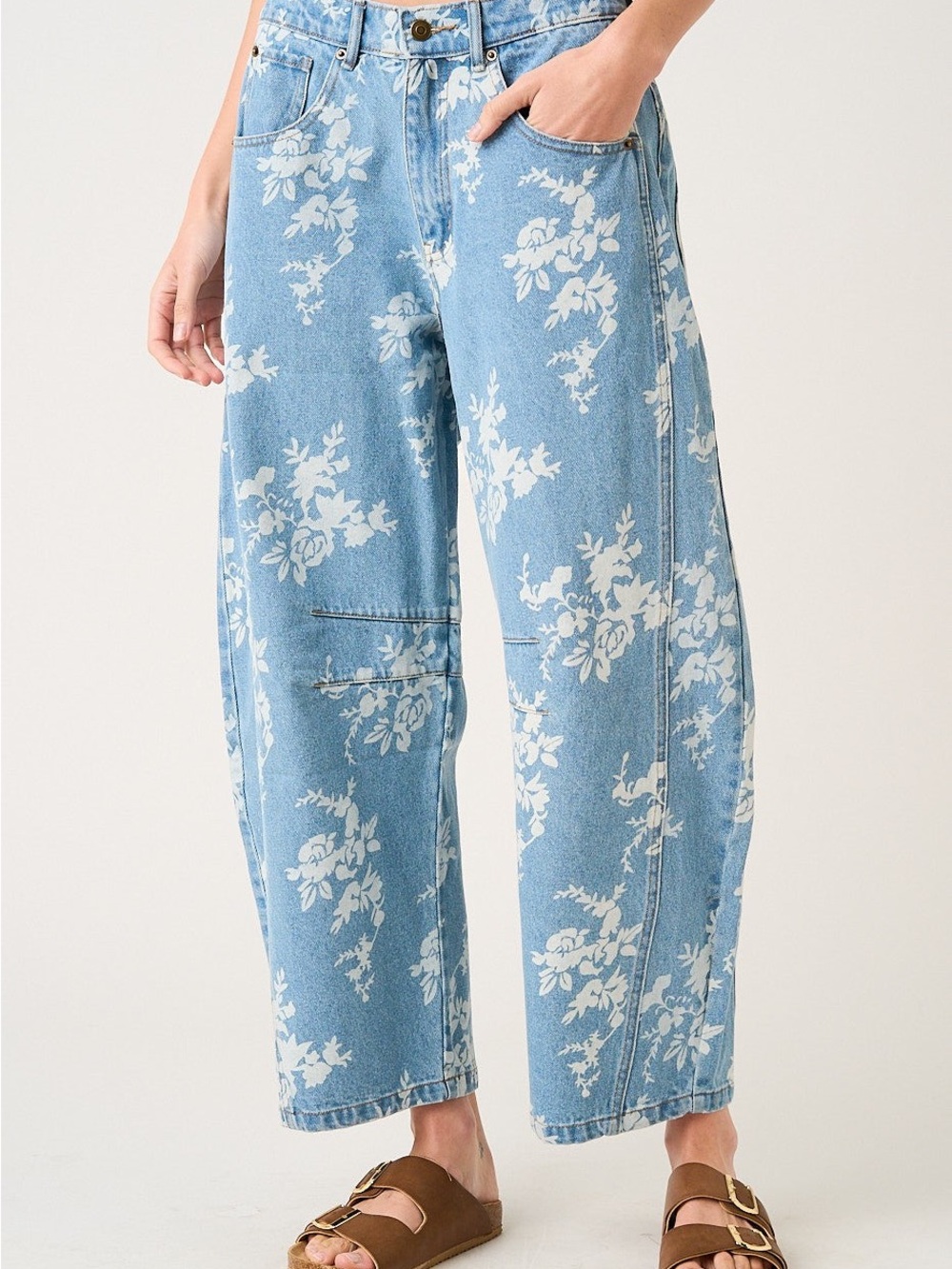 Mittoshop Women's Light Blue Floral Print Wide-Leg Jeans